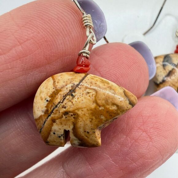 Unique Picture Jasper carved "bear" dangle earrings with sterling silver hooks! - Picture 8 of 15